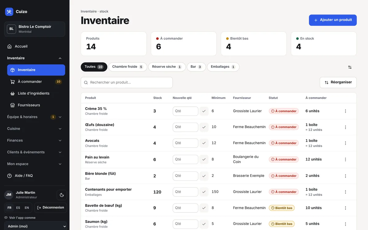 Inventaire : stock, minimum, fournisseur et quantité à commander pour chaque produit.